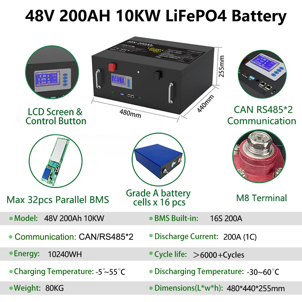 48V 200Ah LiFePO4 Battery Pack 51.2V 10Kw＞6000 Cycles Parallel Max 320KW Built-in BMS With CAN/RS485 -10 Years Warranty No Tax