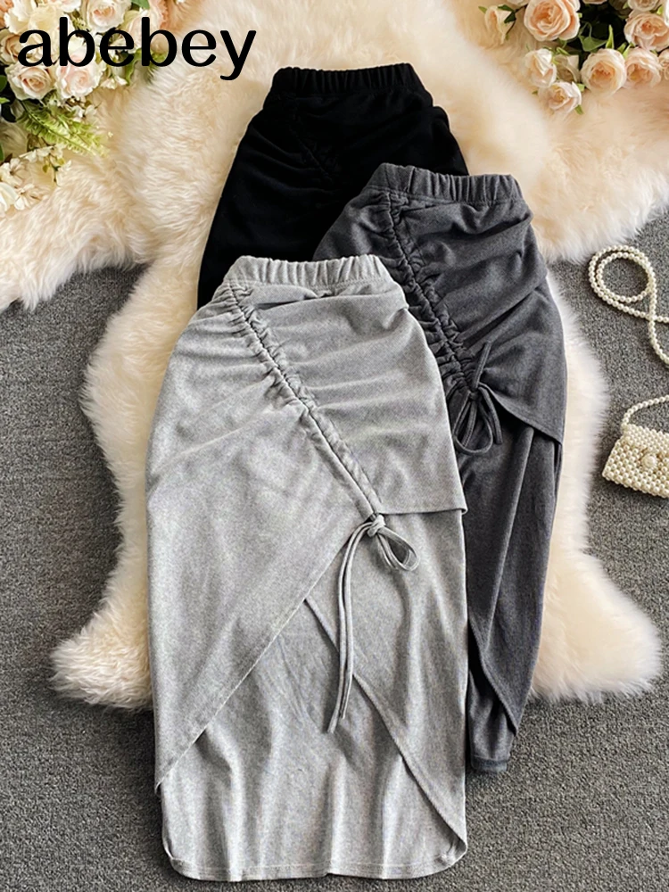 

2022 Women Knit Skirt Sexy Drawstring Ruched Irregular Midi Skirt Fashion Streetwear Solid High Elastic Waist Party Club Skirt