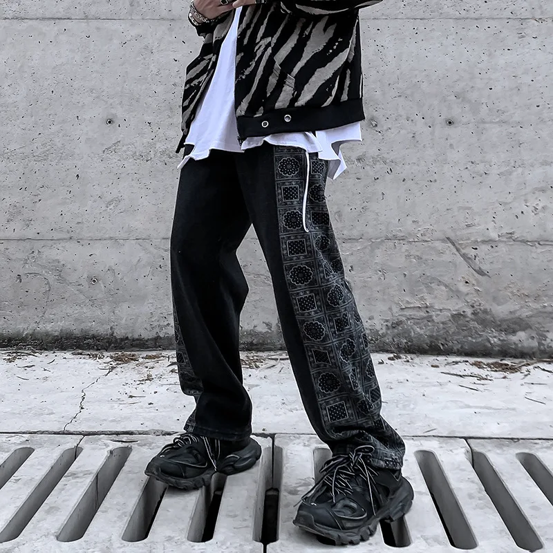 New Men's Brand Clothing High Street Loose Straight Jeans Men's Trendy Printed Wide Leg Pants Black Gray штаны Pantalones Hombre