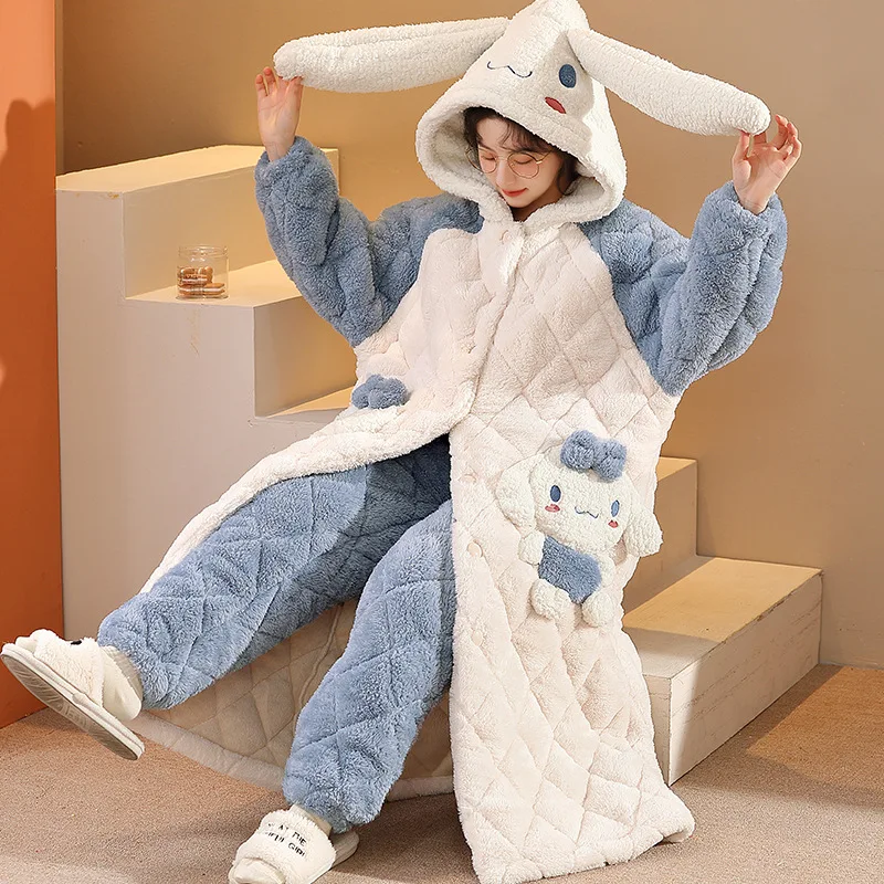 

Sanrio Kawaii Cinnamoroll Women Cotton Pajamas 2022 New Three-Layer Thickened Warm Coral Fleece Nightgown Set Home Plush Clothes