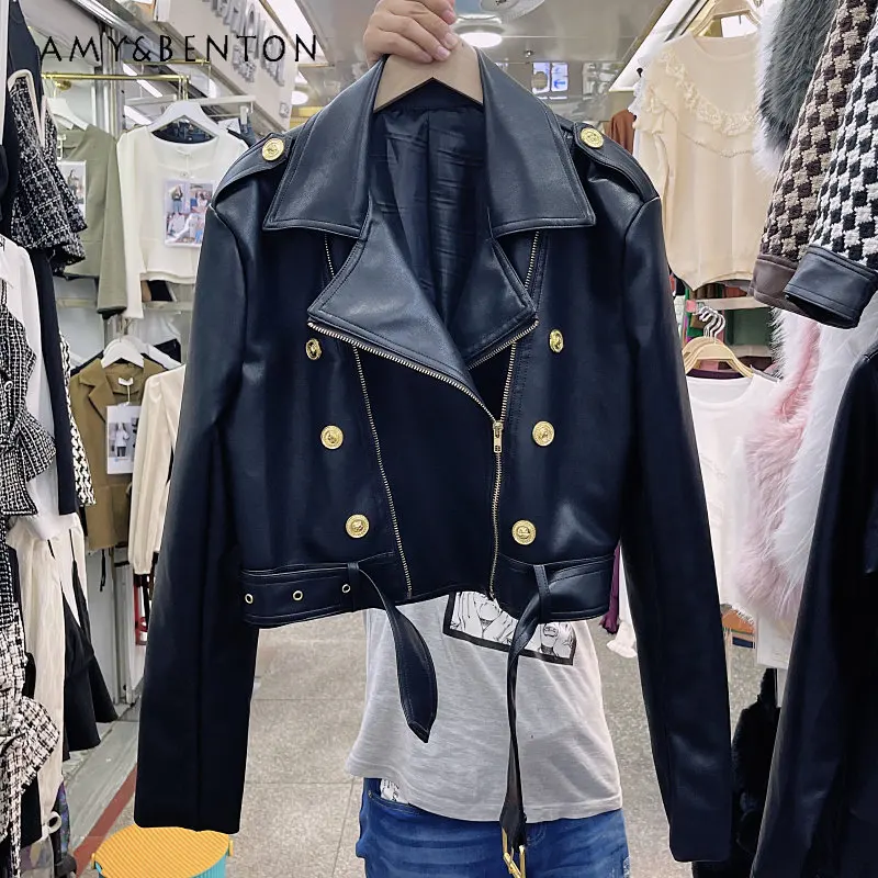 

Autumn New Elegant Women's PU Leather Lapel Long Sleeve Jackets Slimming and Short Double Breasted Leather Coat for Ladies