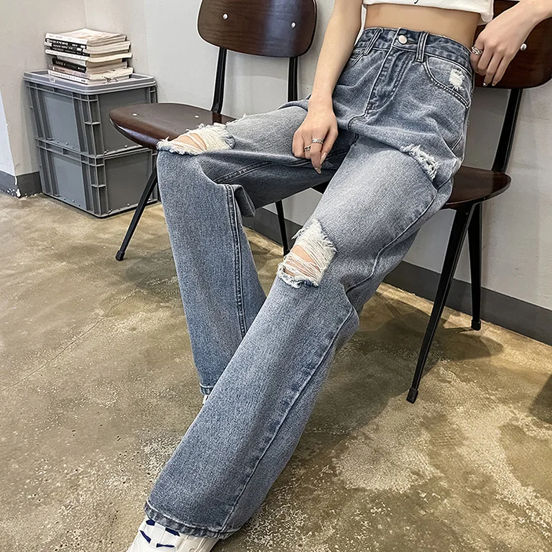 Baggy Ripped Jeans Womens High Waist Straight Wide Leg Casual Pants Streetwear Vintage Korean Fashion Y2K Jeans Pants For Women