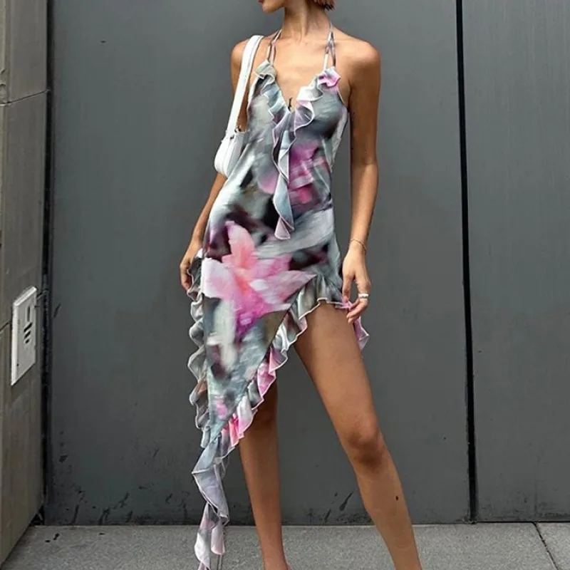

Women Flower Printed Ruffle Dress Autumn Sexy Slim Lace-up Dresses 2023 New Fashion Halter Backless Irregularity Dress Clothes