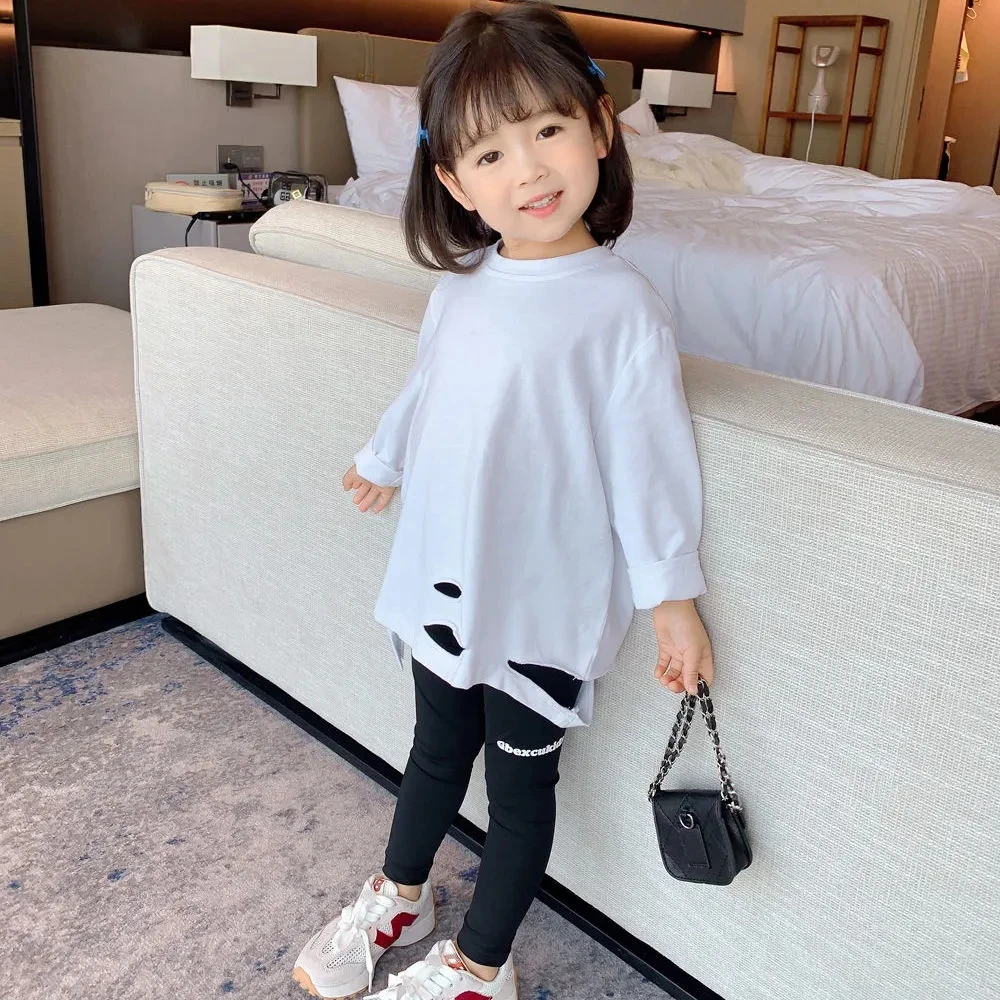 

2 4 6 8 9Y Girls Baby T-shirt Spring and Autumn Wear Irregular Bottoming Shirt Children's Long-sleeved White Top T-shirt