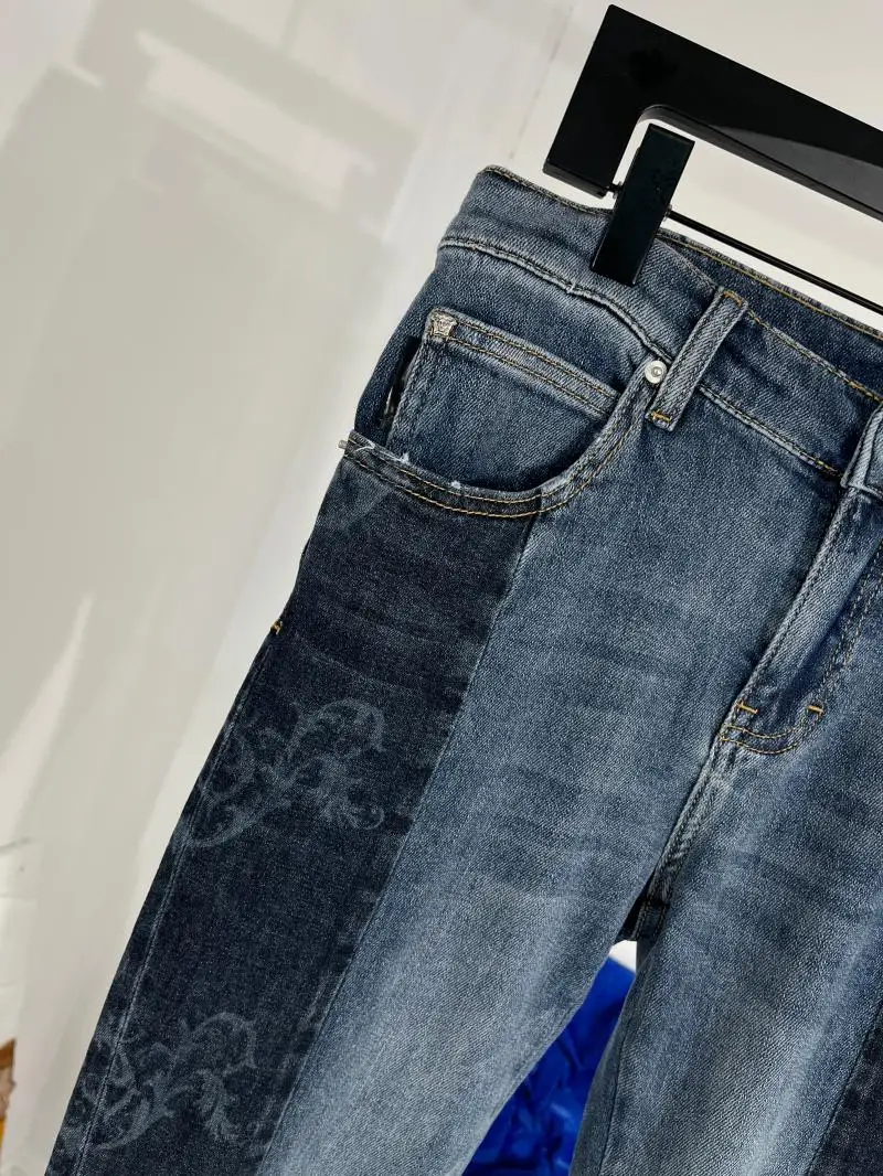 Europe Style Spring Summer Chic Men's High Quality Patchwork Print Jeans Denim Straight Pants C619