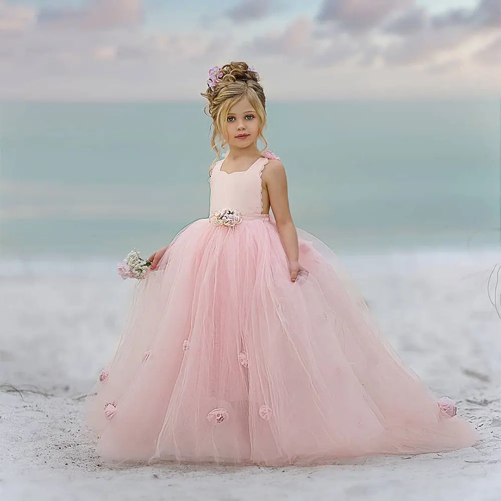 

New Listing Cute Pink Flower Girl Dress Tulle Puffy Ball Gown First Communion Dress Princess Kid Birthday Gown