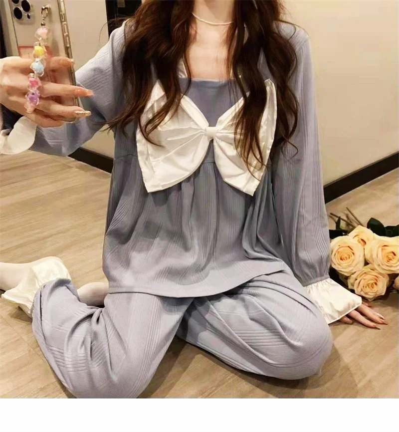 Sexy Bow Pajamas Set Full Sleeve T-shirt Long Pants 2Piece/Set Soft Princess Pyjama Big Size Homewear Cozy Fashion Sleepwear
