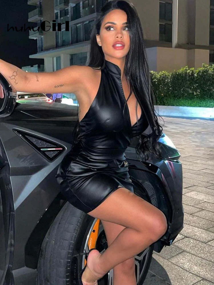 

Huhugirl 2022 Sexy PU Dress Women Robes Halter Backless Belt V-Neck Sleeveless Casual Solid Dresses Mini Female Dress Vestidos