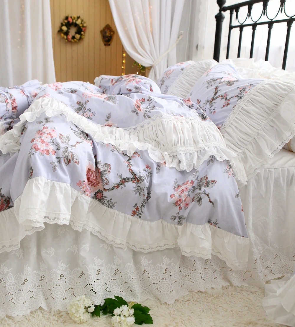 

New French Countryside Garden Flowers and Birds bedding set Cotton ruffle lace duvet cover bed sheet set Bedding Sets for queen