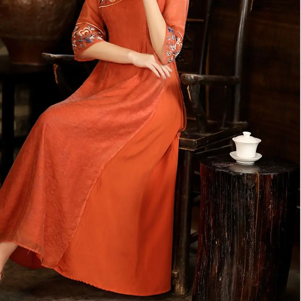 Модное новое китайское платье Cheongsam с цветочной вышивкой свободное в этническом