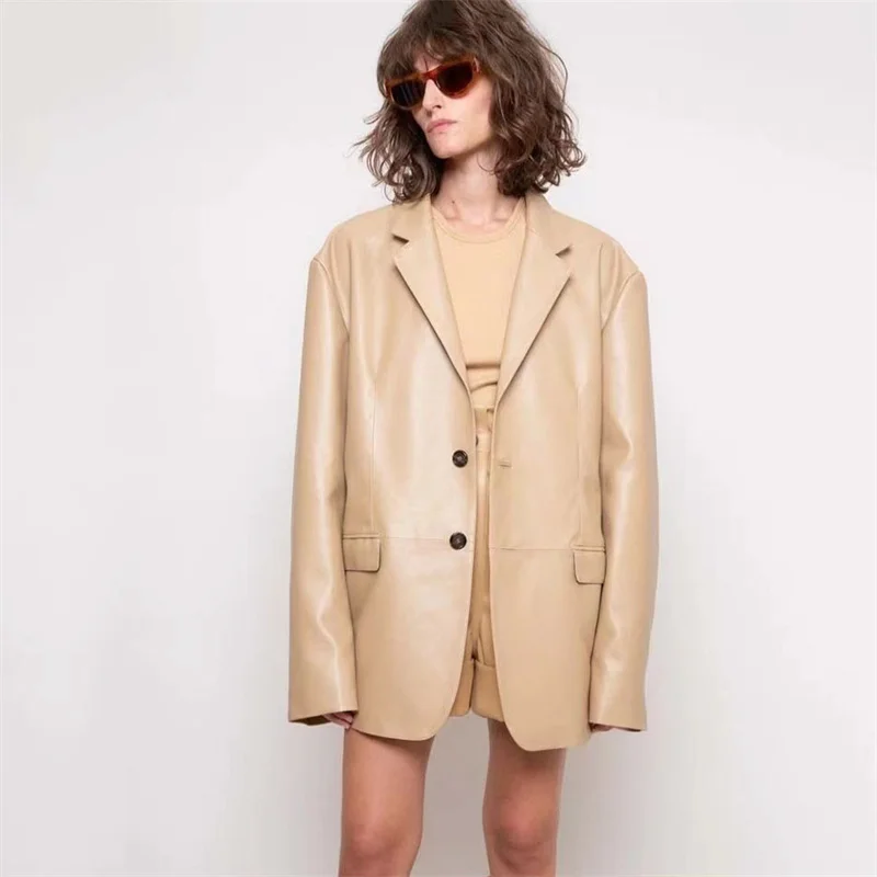 

For Women 2023 Jackets Autumn And Winter New in Artificial Leather PU Suit Coat Extremely Simple Style Long Sleeve Top