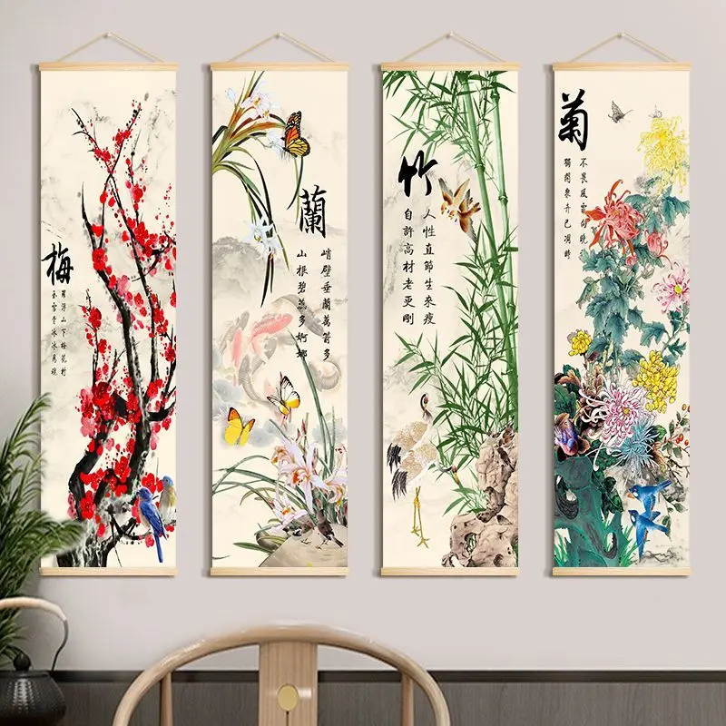 

Chinese Style Scroll Paintings Plum Blossom Orchid Living Room Bedroom Office Home Room Decor Aethetic Tapestry Wall Hanging