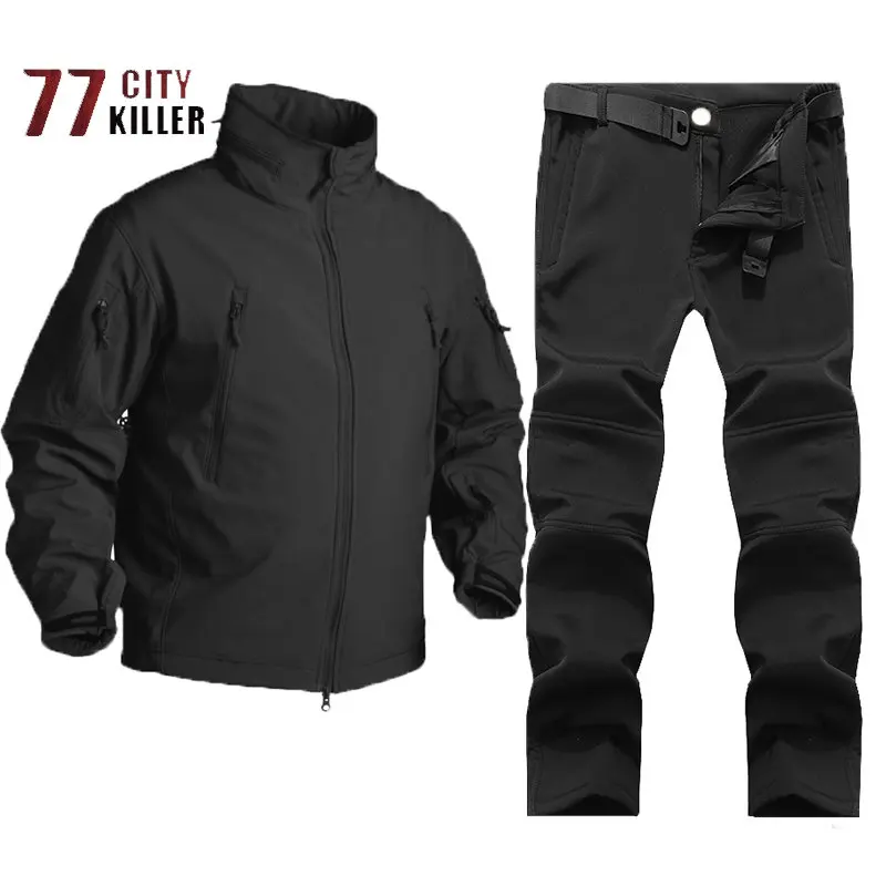 

Winter Men's Plush Tactics Two-piece Shark Skin Stand Collar Zipper Jacket Trousers Men Outdoor Sports Warm Suit Ropa De Hombre