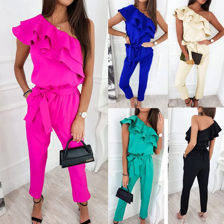 

Women's casual one shoulder wooden ear trim lace up jumpsuit pants