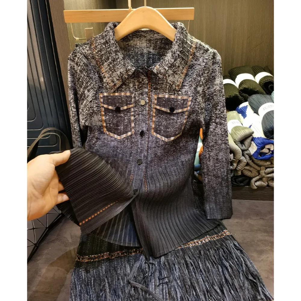 

Женская рубашка из искусственного денима с градиентным принтом, элегантная рубашка с воротником, юбка миаке с кисточками, простая Свободная юбка из двух частей