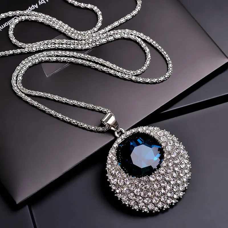 

Vintage Blue Crystal Long Necklace Women Bijoux Fashion Jewelry Necklaces & Pendants Classic Gift Ethnic Style