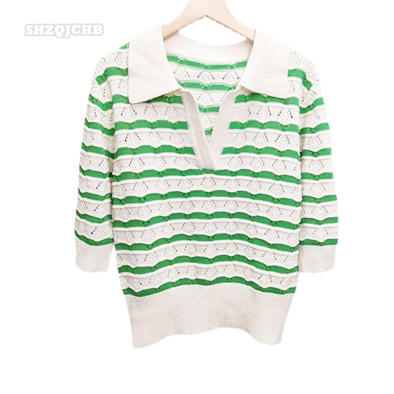 

2022 Summer Fashion New Stripe V-neck Shirt French Hollow Knit Short Sleeve Shirt