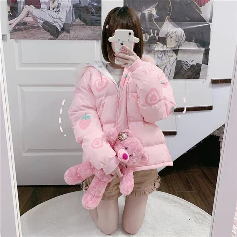 Winter 2022 New Japanese Women's Sweet Coat Cartoon Print Warm Coat Girl Kawaii Hooded Coat Fashionable Female Woman Jacket