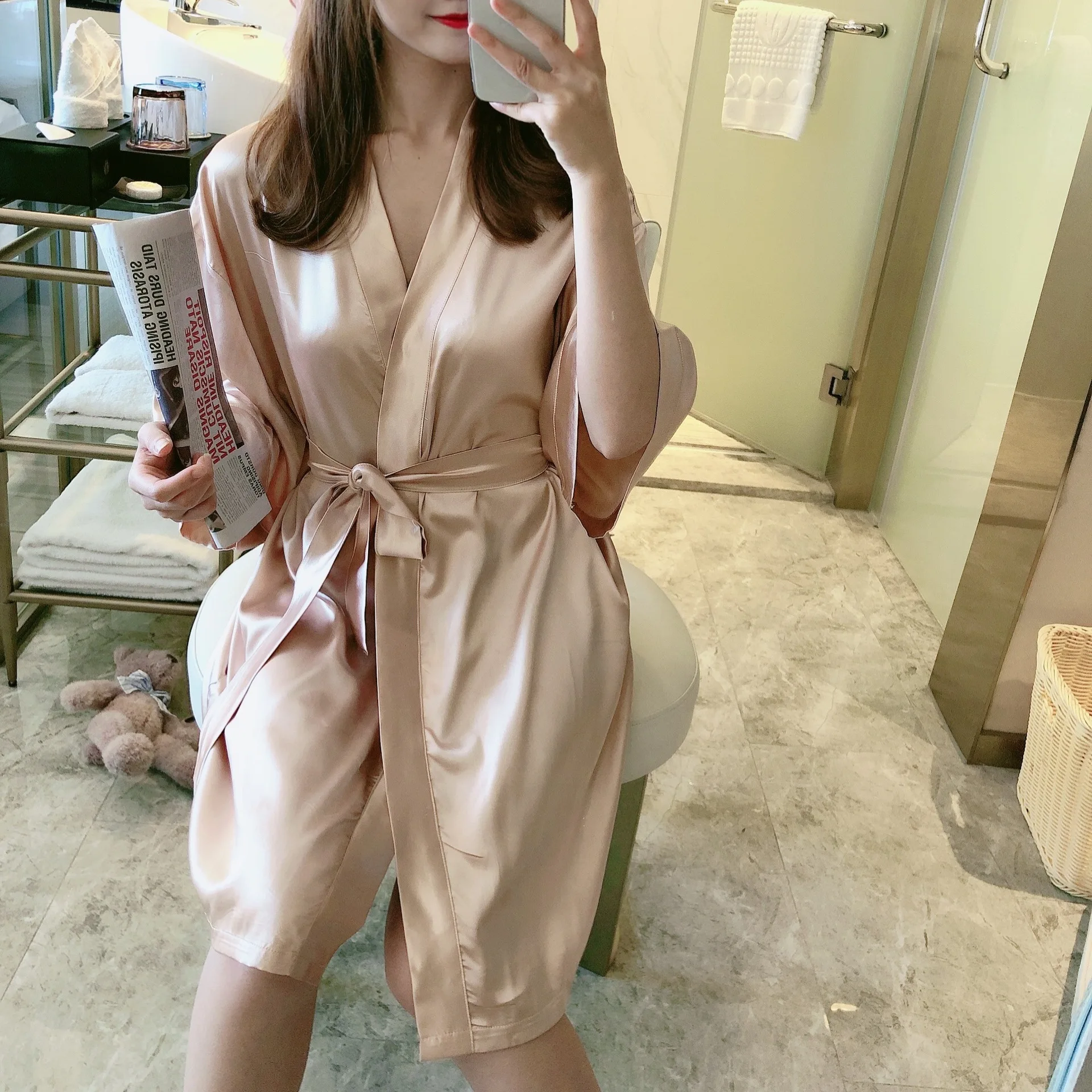 Summer Women's Bathrobe Nightgown Kimono Robes Solid Loungewear Half Sleeve Bridesmaids Gifts Gown for Women Wedding Night Robe