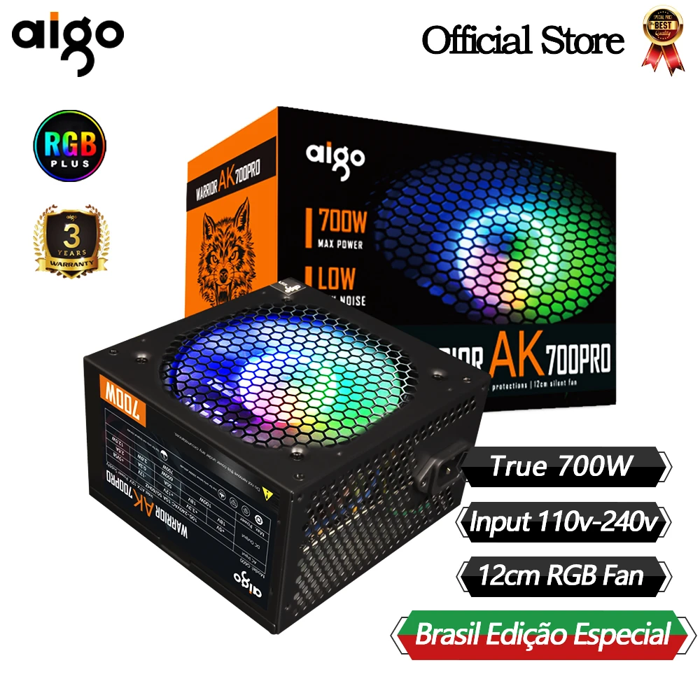 

Aigo AK 500W 600W 700W PC PSU Power Supply Unit Gaming Quiet 120mm RGB Fan 110V 220V ATX Desktop computer Power Supply for BTC