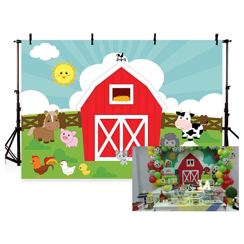 

Cartoon Red Farm blue sky and white clouds ray shape Birthday Party Backdrop kids Newborn for Cake Table Banner Background prop