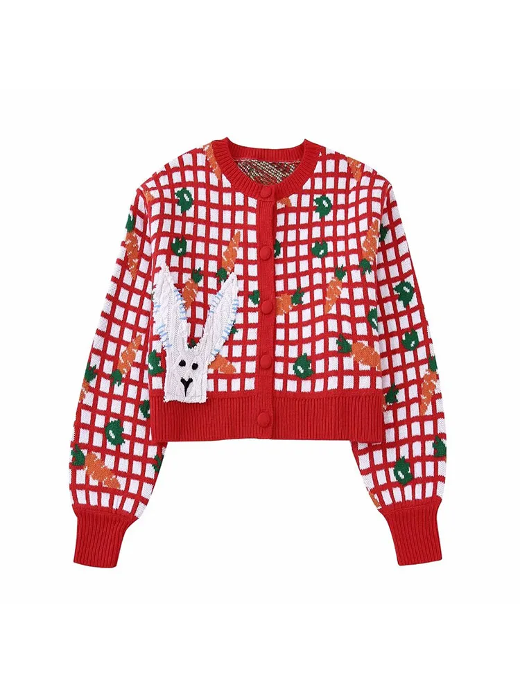 

Women 2023 New Fashion Carrot Pattern Jacquard Knitted Cardigan Sweater Vintage Long Sleeve Female Short Outerwear Chic Tops