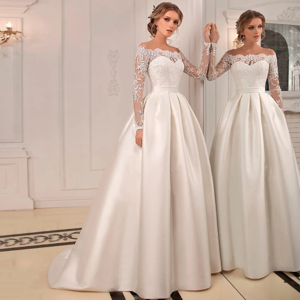 

Weilinsha Modest A-Line Appliques Long Sleeves Wedding Dress for Brides Elegant Boat Neck Corset Satin Bridal Gowns with Buttons