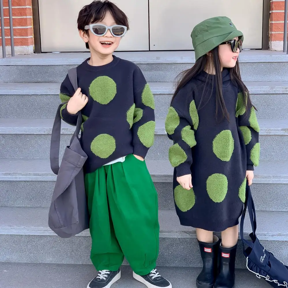 

New Autumn Brother Sister Outfits Children Casual Knitwear Boy Infant Knitted Dots Pullover Sweater Girl Baby Cotton Knit Dress