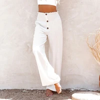 women high waist loose cotton linen trousers elastic waist loose casual button wide leg pants femal 2022 new fashion