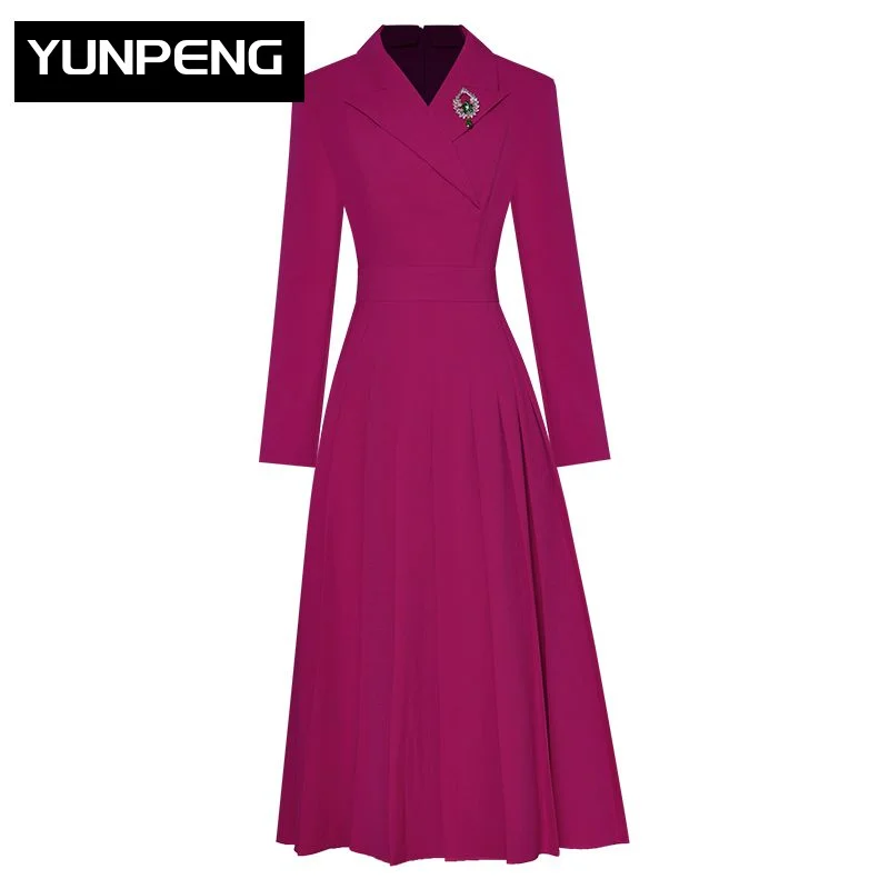 

Dresses For Women 2023 Elegant High Quality Luxury Spring Turn-down Collar Long Sleeve Crystal Brooch Office Lady Pleated Dress