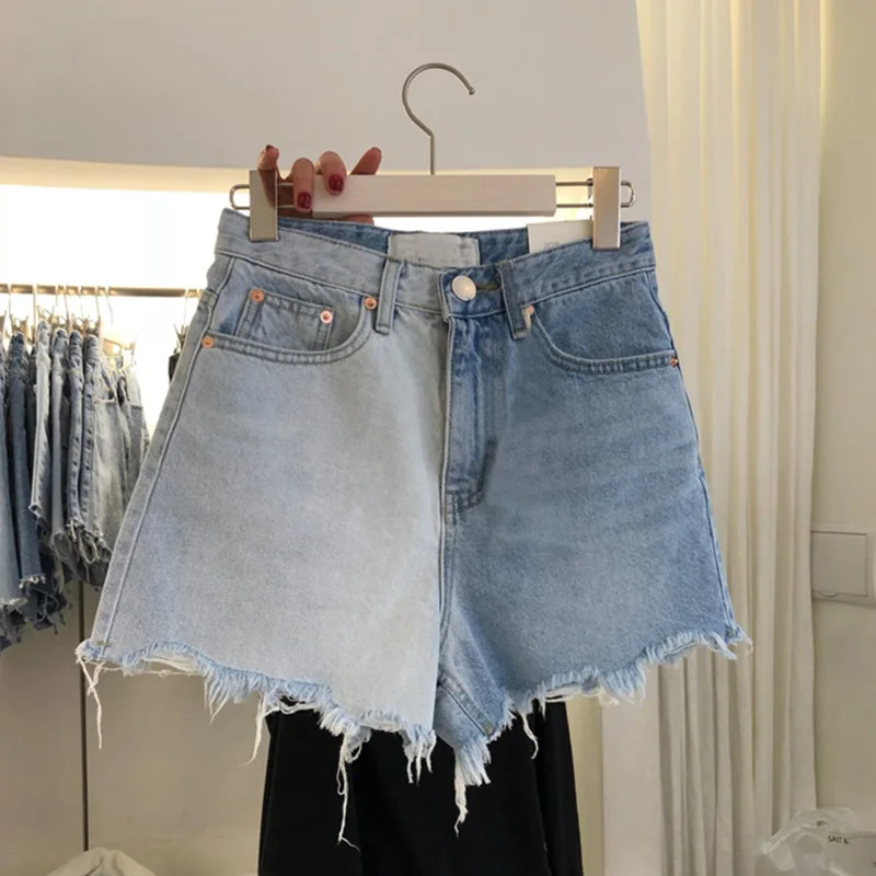 2023 Spring Summer Women Loose Skinny Denim Shorts Female Patchwork Button Short Jeans Light Blue High Waist Tassel Mini Shorts