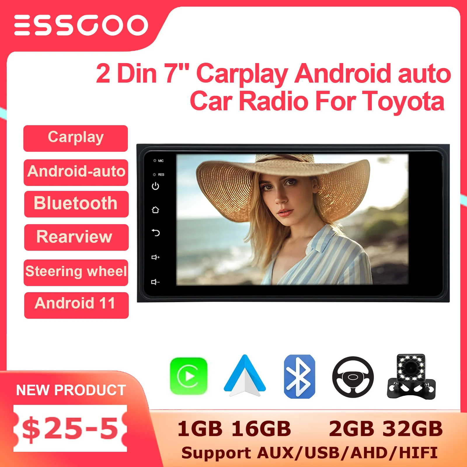 

ESSGOO 2 Din 7 Inch Android Car Radio 2G 32G Multimedia Player Carplay Android Auto Autoradio Stereo Bluetooth For Toyota