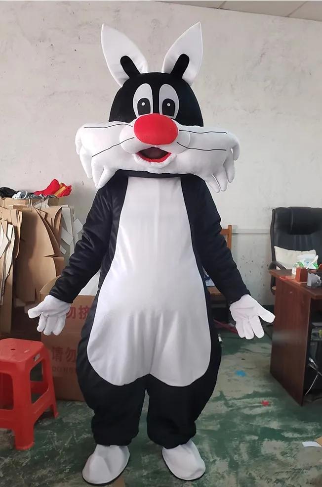 Новый взрослый черно-белый костюм талисмана кота на Хэллоуин Рождественское