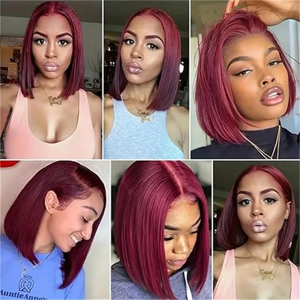 99J Бордовый Короткий Боб Парик Человеческих Волос 13x4 Фронта Шнурка Бразильские