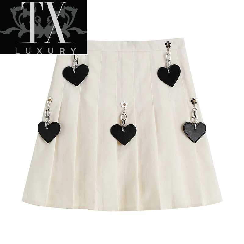 

New Autumn Mini Skirt Women Heart Chic Pleated Solid Fashion High Waist Elastic Casual Elegant Korean Style Short Dress