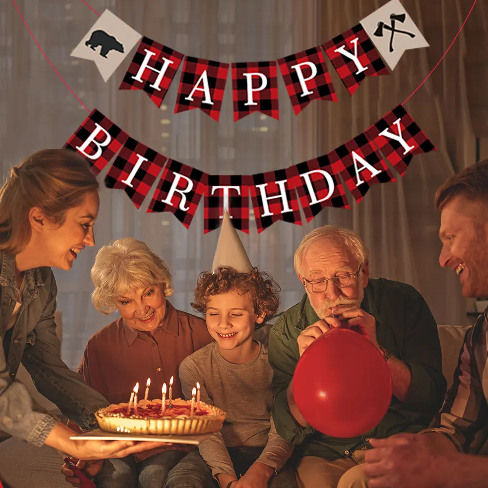 

Lattice Lumberjack Deer Bear Christmas Birthday Party Wall Hanging Letter HAPPY BIRTHDAY Party Banner Backdrops Decorations