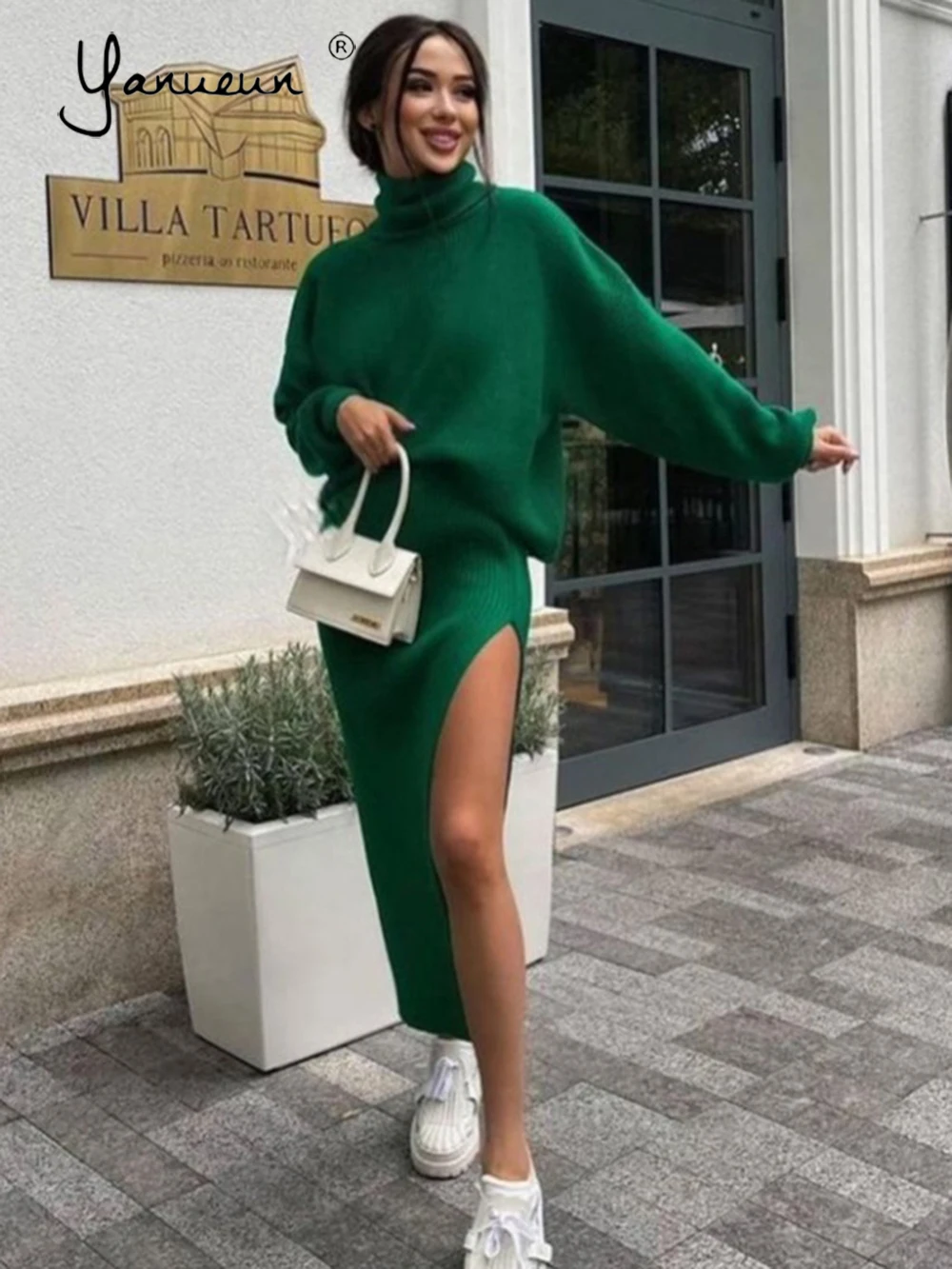 Yanueun Women 2-Peice Suits Solid Turtleneck Pullover Loose Sweater+Elastic Waist Split Sexy Midi Skirt High Street Female Sets