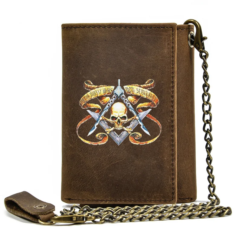 

Classic Men Genuine Leather Wallet Anti Theft Hasp With Iron Chain Freemasonry Skeleton Skull Cover Card Holder Rfid Short Purse