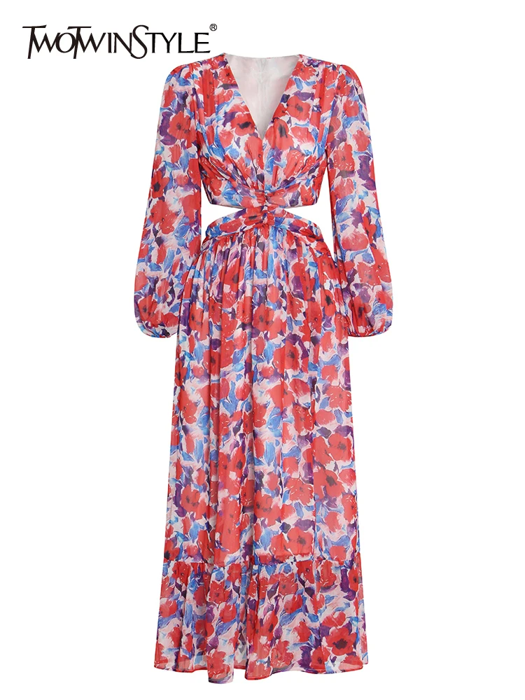 

TWOTWINSTYLE Vintage Dresses For Women V Neck Long Sleeve High Waist Floral Hit Color Pullover Chic Dress Female Summer Clothing