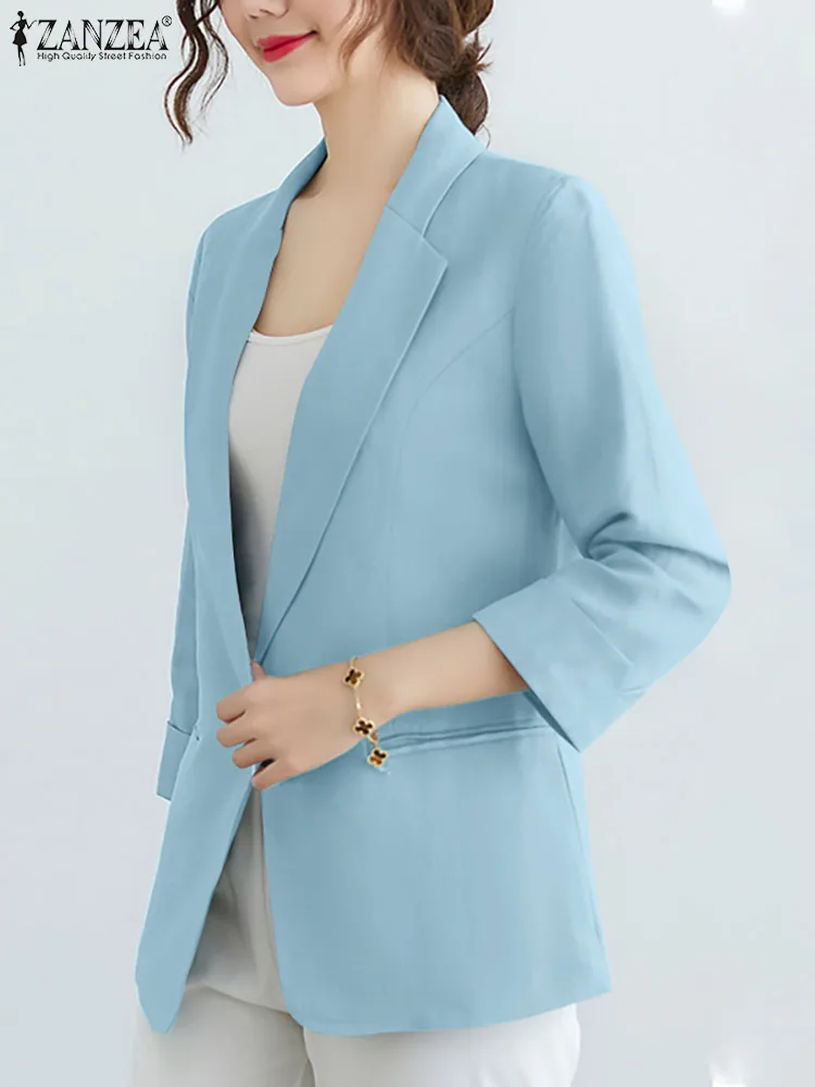 

ZANZEA Elegant Women Autumn Thin Blazer Loose Cotton Tops Femininas Blusa Casual Lapel Neck 3/4 Sleeve Solid Shirt Blazer Suits