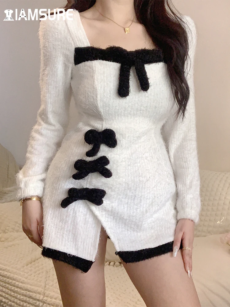 

IAMSURE Clubwear Contrast Color Patchwork Knitted Split A-Line Dress Sexy Slim Square Collar Long Sleeve Mini Dresses For Women