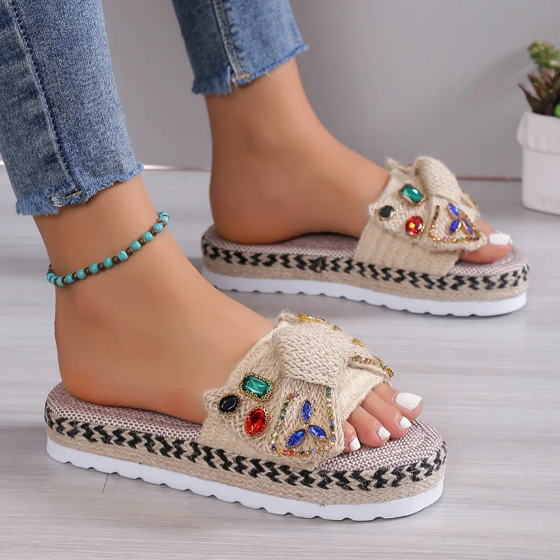 

Bohemian Women Slippers Summer New Casual Platform Sandals Female Espadrilles Ethnic Style Flip-flop Crystal Gems Fashion Slides