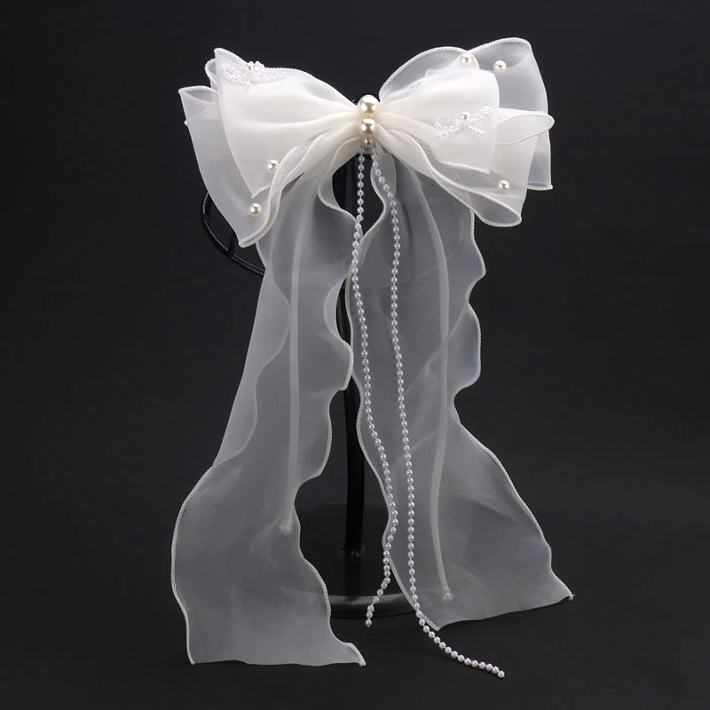 

New Pearl Tassel Bow Hairpin Bride Seaside Wedding Headdress Net Yarn Handmade Veil Beautiful Side Clip White Mesh Veil Hairclip