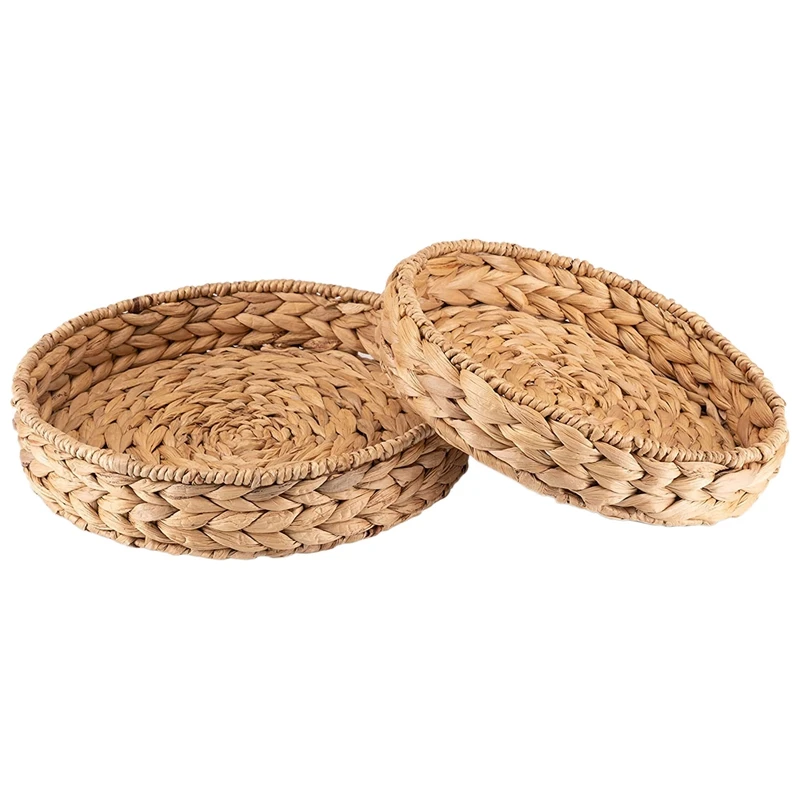 

2Pcs Round Braided Tray Made Of Seagrass Water Hyacinth Set 33Cm + 28Cm Diameter Fruit Bowl