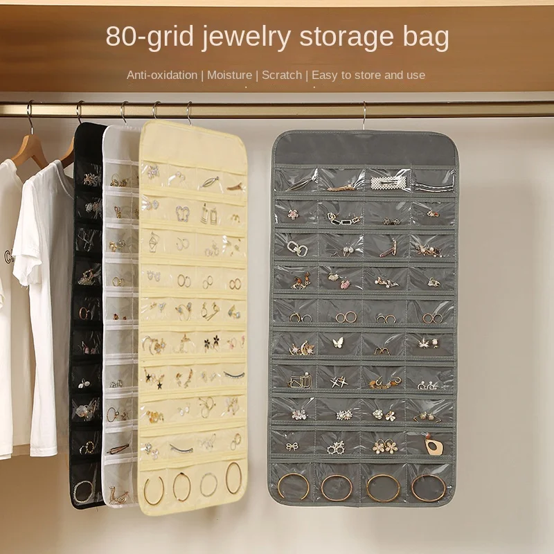 

Hanging Jewelry Organizer Storage Roll with Hanger Metal Hooks Double-Sided Jewelry Holder for Earrings Necklaces Rings