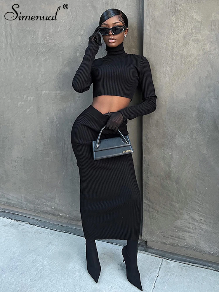 

Simenual Black 2 Piece Sets Womens Outfits Autumn Classic Long Sleeve Trend Turtleneck Top with Ribbed Skirts Casual Co-ord Suit