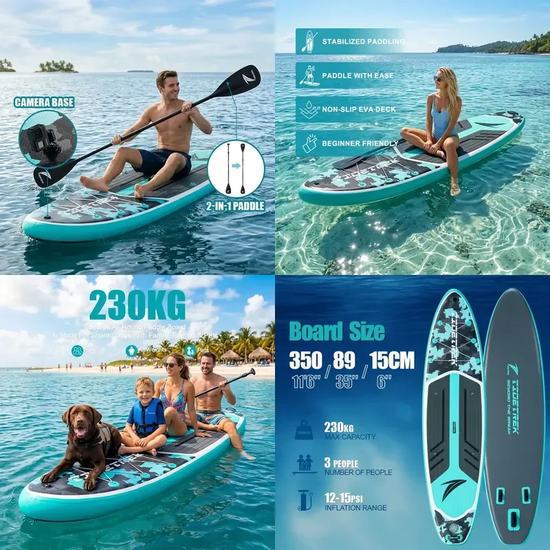 Фото Надувная доска для серфинга TIDETREK 350*89*15см: Хит продаж, премиум-класс, универсальная доска для падлбординга (ISUP) №1