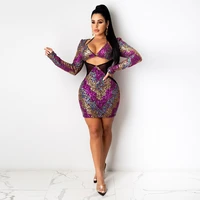 sexy sheer mesh sequins stitching party dresses for women waist band cut out long sleeve dress elegant mujer package hip vestido