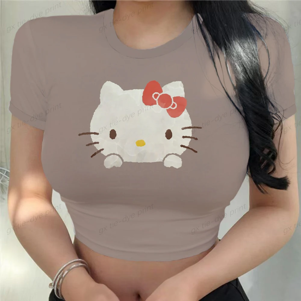 

Женский укороченный топ с принтом Hello Kitty Y2K, Повседневная Базовая футболка с открытой спиной и коротким рукавом, уличная одежда с мультипликационным рисунком, весна-лето 2023
