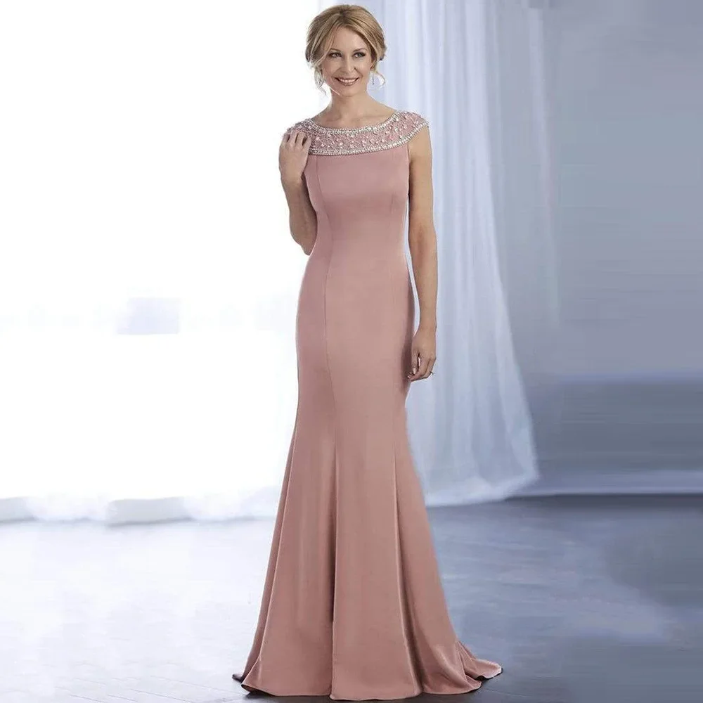Розовое платье для матери невесты Meimaid с круглым вырезом длинным